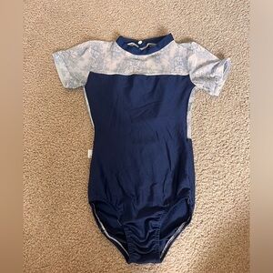 Lone Reed navy blue and paisley mesh leotard.